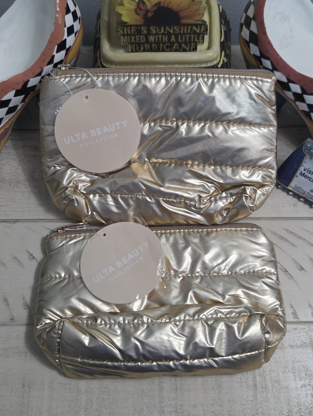 LOT OF 2 ULTA Beauty Gold Quilted Puffer Cosmetic Pouch Bag NWT